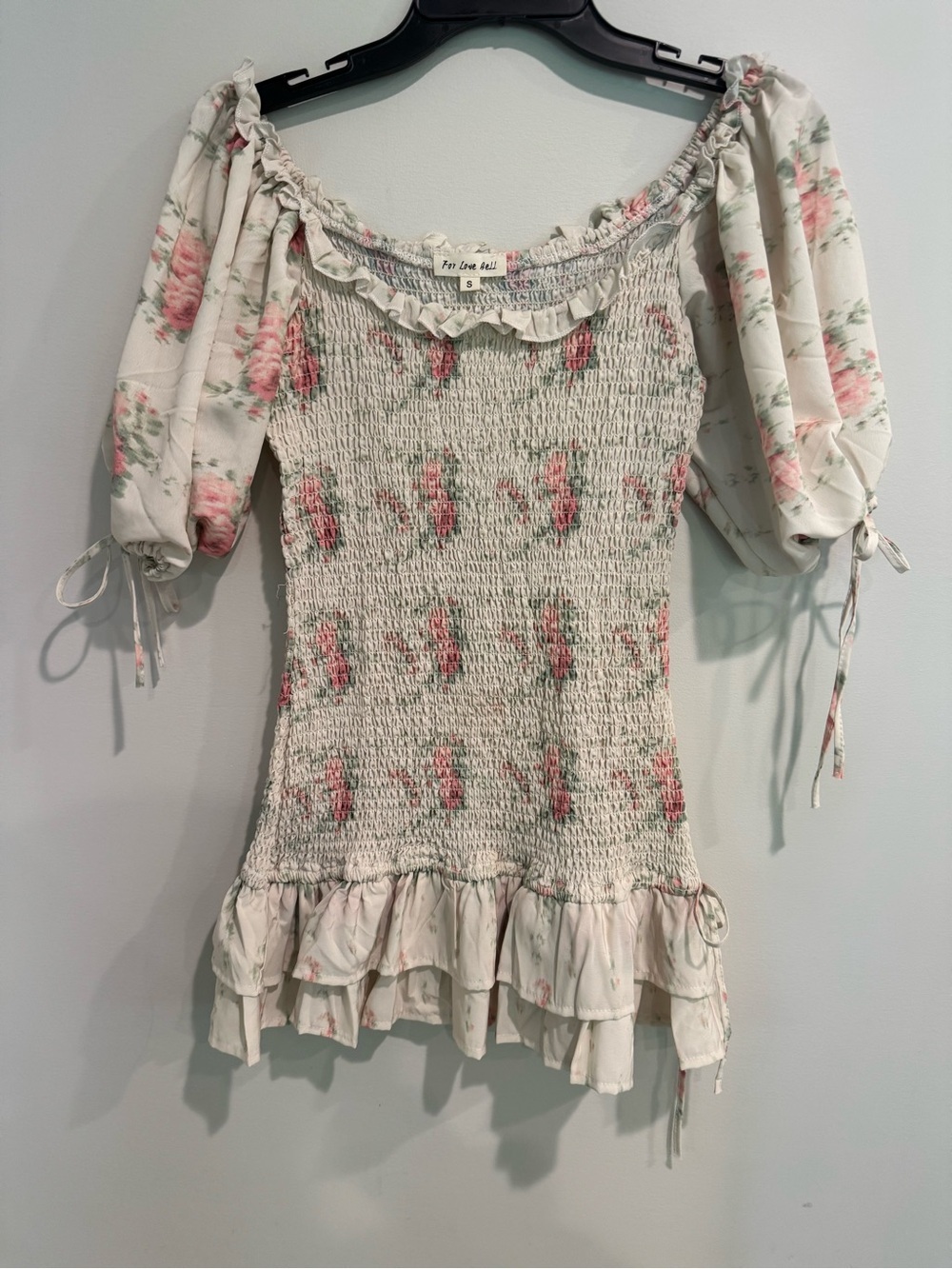 For Love Bell Puff Sleeve Smocked Floral Ruffle Mini Dress Size S - Pink Floral